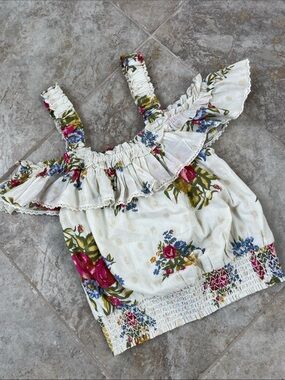 House of Harlow 1960 Ivory Floral Ruffle Smocked Crop Top